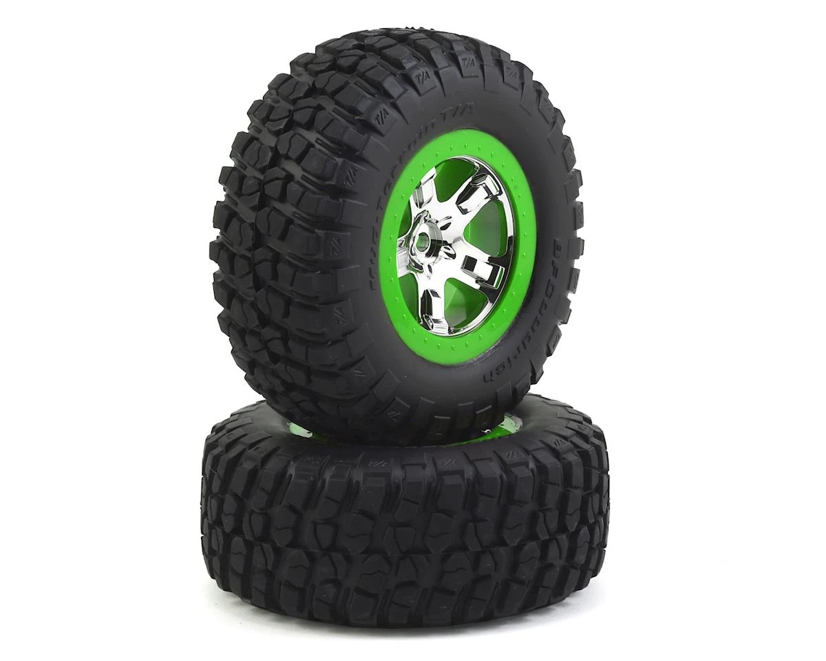 Traxxas BFGoodrich KM2 Tire w/SCT Rear Wheel (2) (Chrome/Green) (Standard) 2 Traxxas BFGoodrich KM2 Tire w/SCT Rear Wheel (2) (Chrome/Green) (Standard)